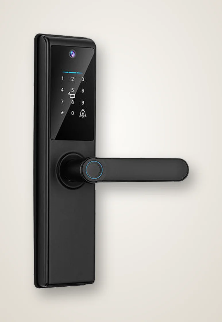 Vista frontal de AVYLOCK Vision One: cámara, teclado y manija con lector de huella