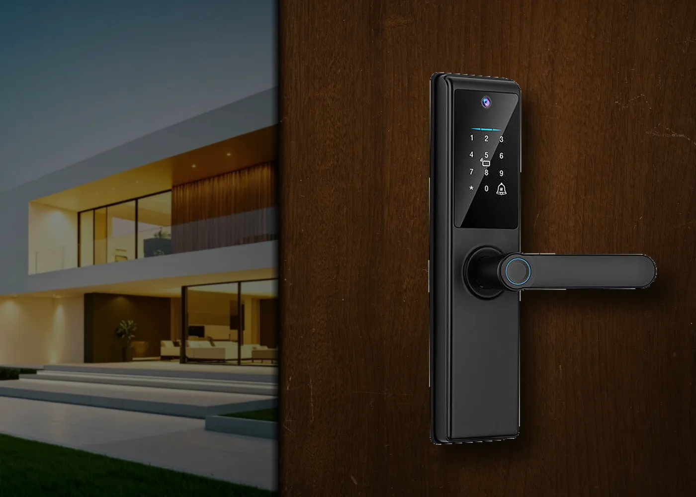 Cerradura inteligente AVYLOCK Vision One con manija y lector de huella, instalada en una puerta de madera de una casa moderna